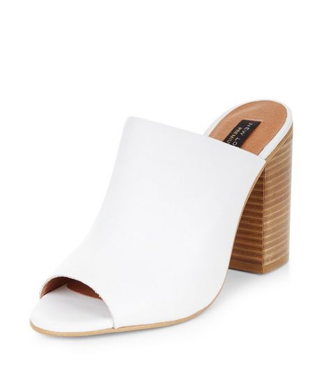 White Premium Leather Peep Toe Mules | New Look