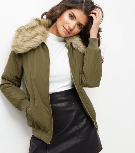 Khaki Faux Fur Collar Bomber Jacket | New Look