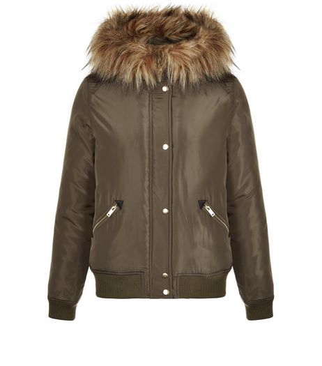 Khaki Hooded Faux Fur Trim Bomber Jacket | New Look