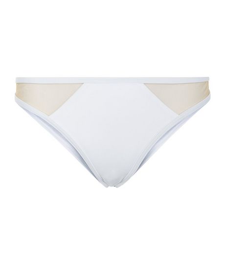 White Contrast Mesh Panel Bikini Bottoms | New Look