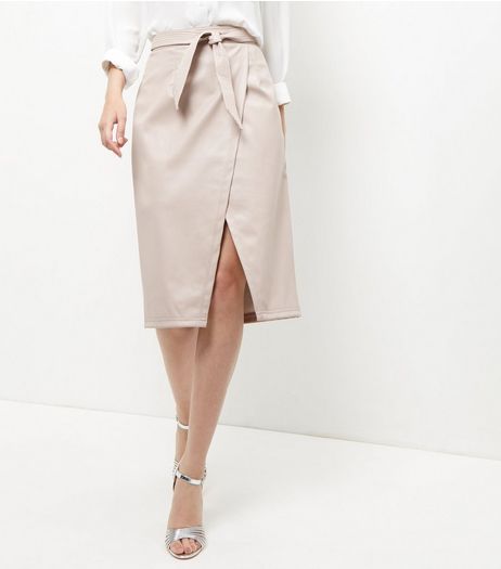 Shell Pink Leather-Look Tie Waist Wrap Skirt | New Look