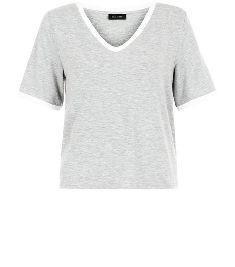 Grey Contrast Trim V Neck T-Shirt | New Look
