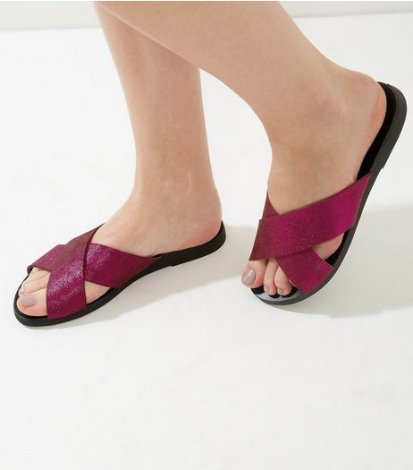 Wide Fit Pink Suede Metallic Cross Strap Mules | New Look