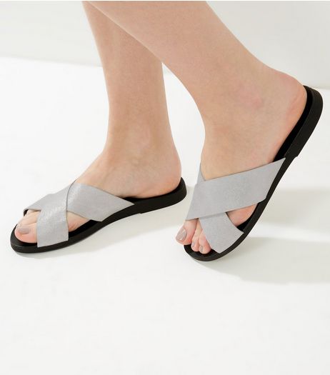 Wide Fit Silver Suede Metallic Cross Strap Mules | New Look