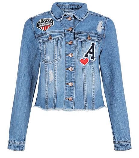 Blue Patchwork Badge Fray Hem Denim Jacket | New Look