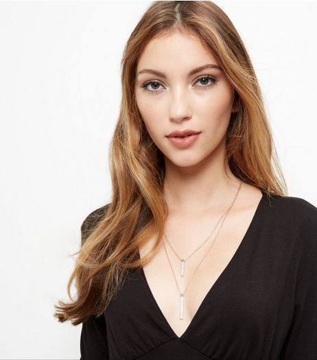 Rose Gold Layered Diamante Bar Necklace | New Look