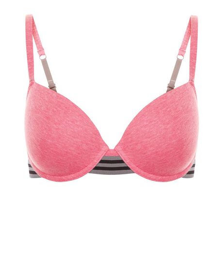 Pink Stripe Print Trim Marl T-Shirt Bra | New Look