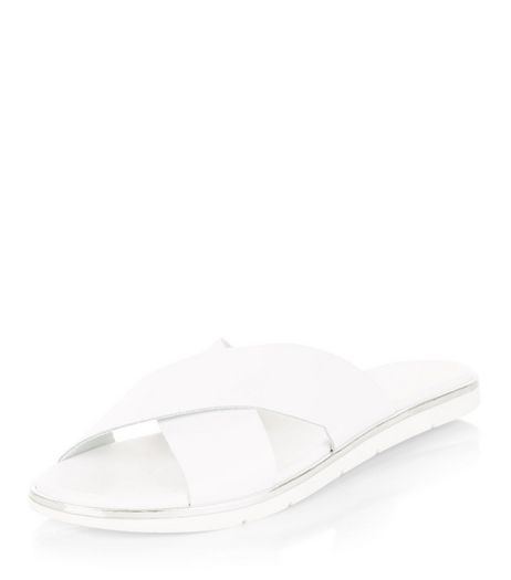 White Leather Cross Strap Sliders | New Look