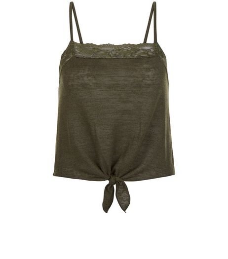 Teens Khaki Lace Trim Tie Front Cami | New Look