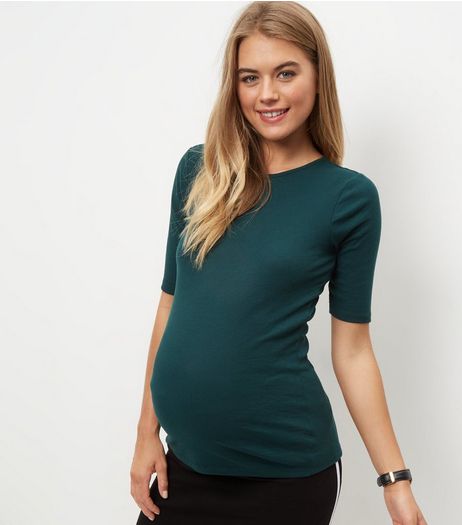 Maternity Dark Green Ribbed 1/2 Sleeve Top | New Look