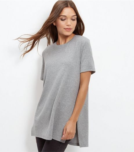 Grey Longline Split Side T-Shirt | New Look