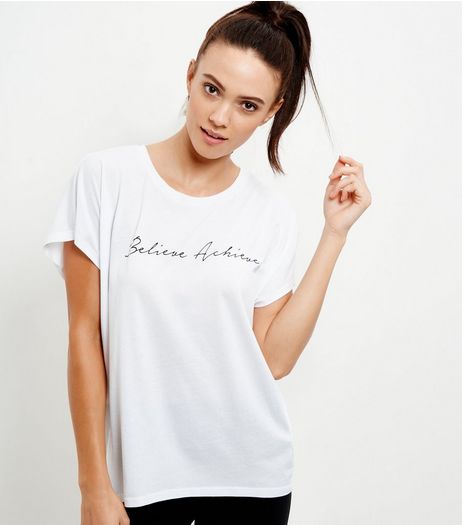 White Believe Achieve Print Sports T-Shirt | New Look