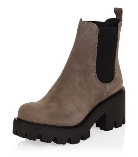 Grey Premium Suede Chunky Cleated Chelsea Boots | New Look