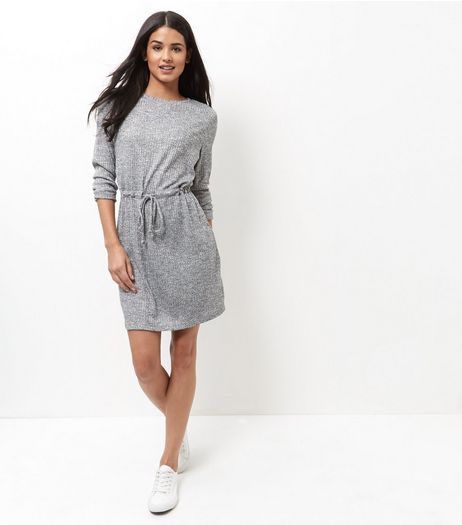 Grey Ribbed Drawstring Waist Roll Sleeve Dress | New Look