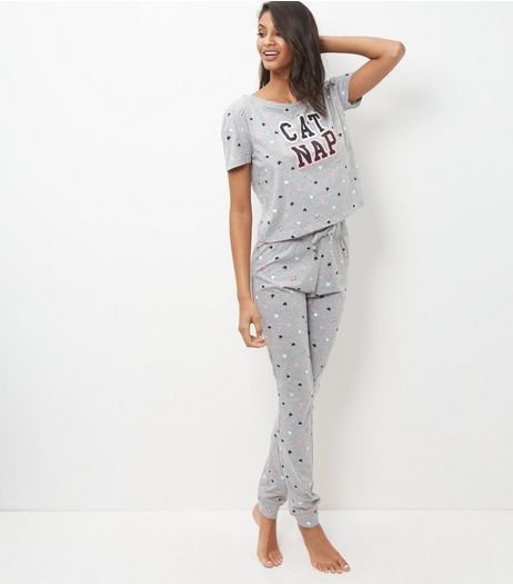 Grey Cat Nap Print Pyjama Set | New Look