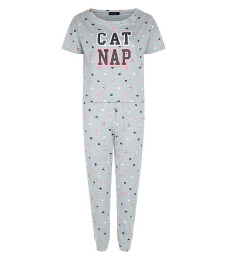 Petite Grey Cat Nap Print Pyjama Set | New Look