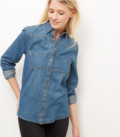Blue Denim Double Pocket Long Sleeve Shirt | New Look