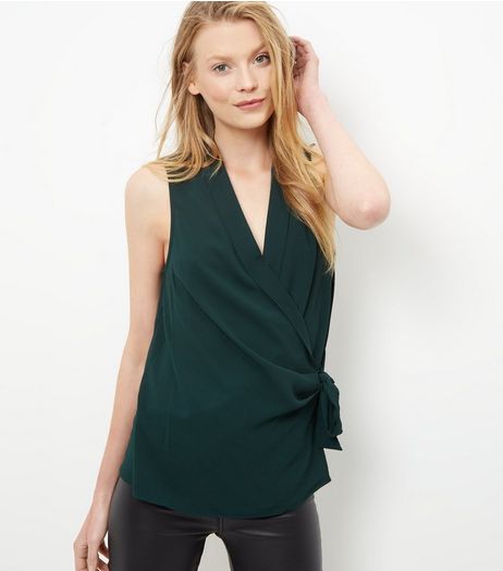 Dark Green Tie Waist Wrap Sleeveless Top | New Look
