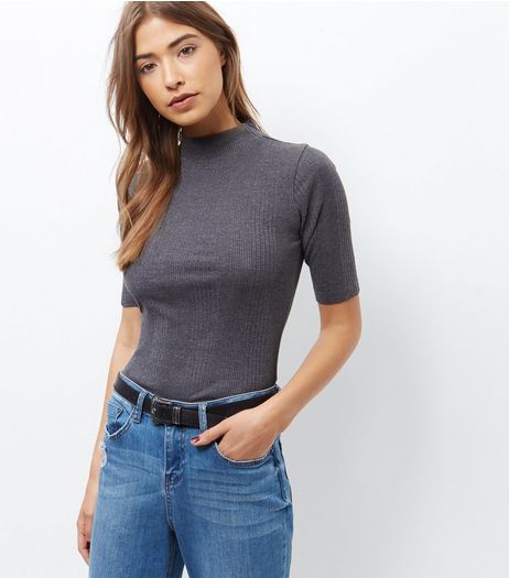 Grey Ribbed Funnel Neck 1/2 Sleeve Top | New Look