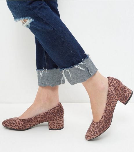 Stone Suedette Leopard Print Mid Block Heels | New Look