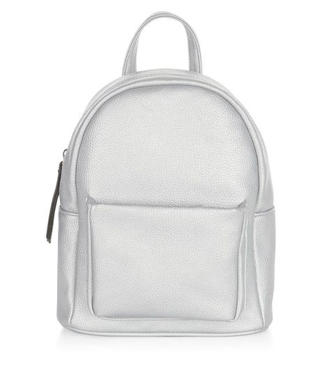 Silver Pocket Front Curved Mini Backpack | New Look