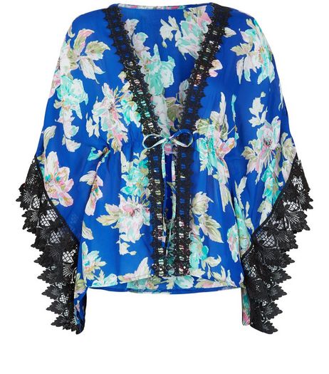 Mela Blue Floral Print Lace Trim Kimono | New Look