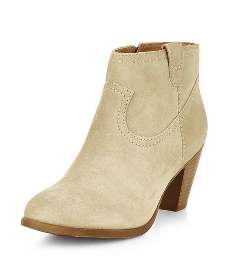 Cream Leather Western Block Heel Ankle Boots | New Look