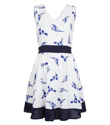 Mela White Bird Print Contrast Trim Dress | New Look