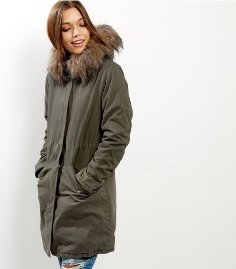 Khaki Faux Fur Trim Hooded Parka | New Look
