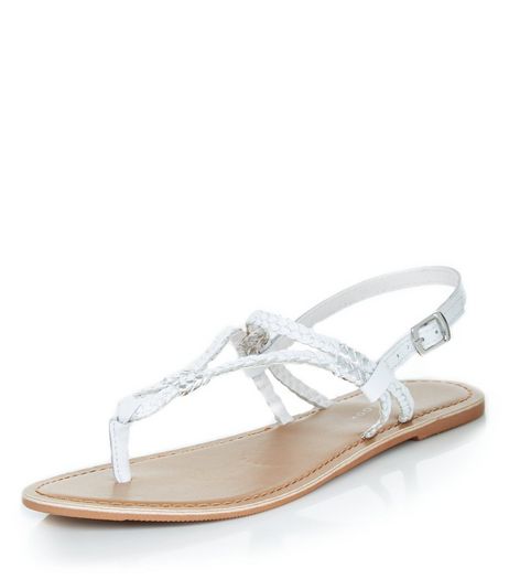 White Leather Plait Strap Sandals | New Look
