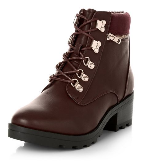 Dark Red Lace Up Chunky Ankle Boots | New Look