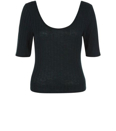 Dark Green Fine Knit Ribbed Scoop Neck Top | New Look