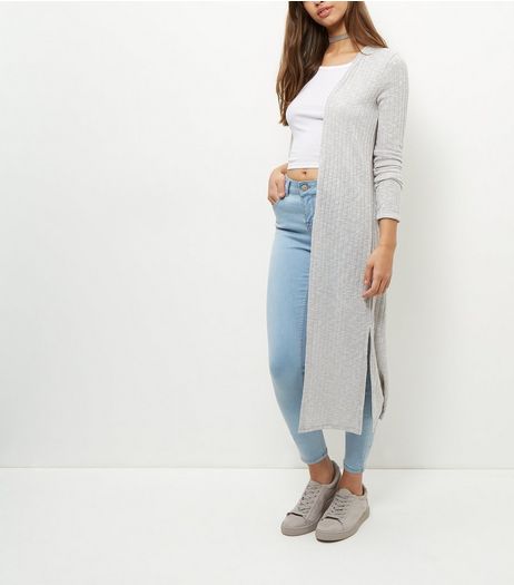 Pale Grey Fine Knit Ribbed Longline Cardigan | New Look