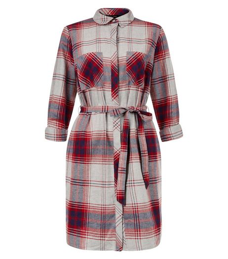 Light Grey Check Double Pocket Tie Waist Shirt Dress | New Look