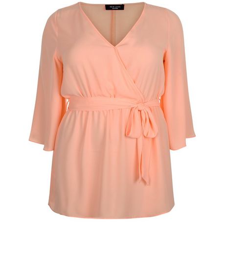 Curves Light Pink Wrap Front Bell Sleeve Top | New Look