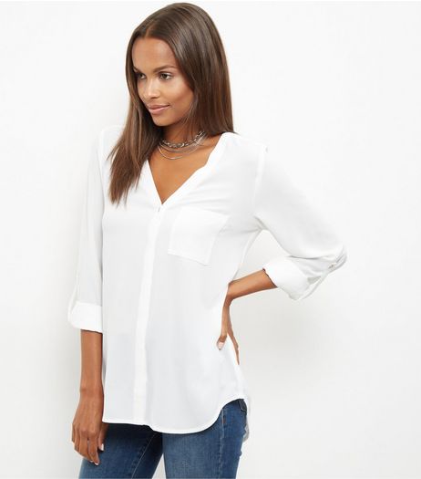 White V Neck 3/4 Sleeve Shirt | New Look