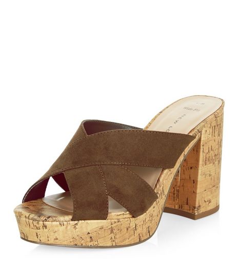 Wide Fit Khaki Cross Strap Contrast Cork Block Heel Mules | New Look