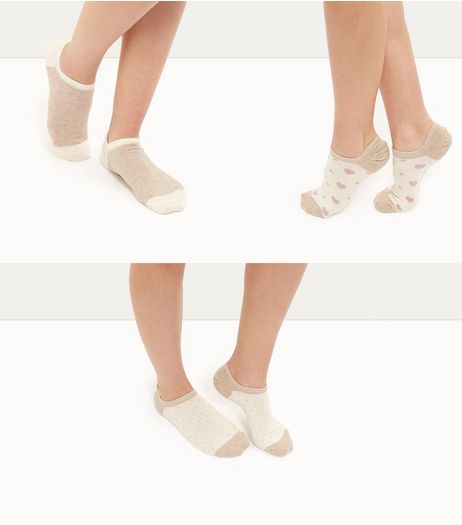 3 Pack Cream Heart Spot Print Trainers Socks | New Look