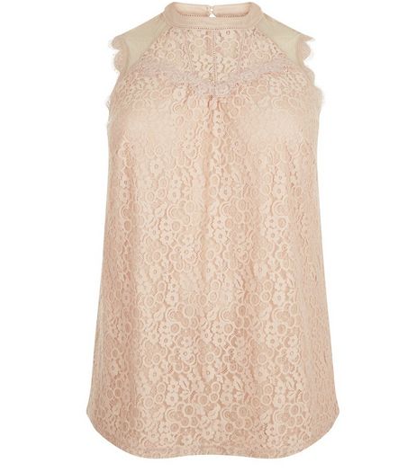 Curves Shell Pink Lace Sleeveless High Neck Top | New Look