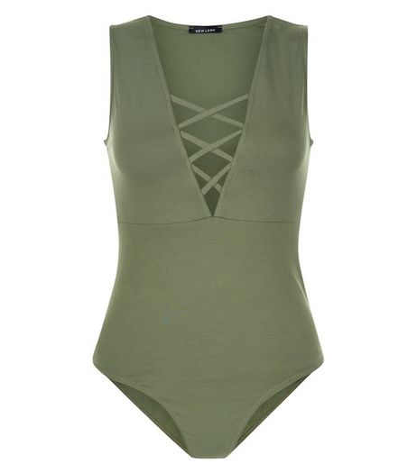 Khaki Lattice Front Sleeveless Bodysuit | New Look