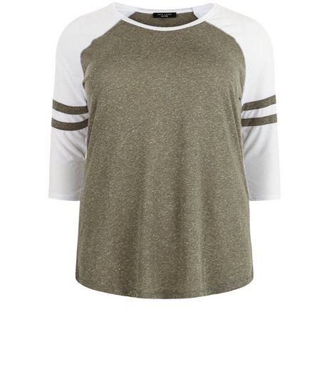 Curves Khaki Raglan Stripe Sleeve Top | New Look