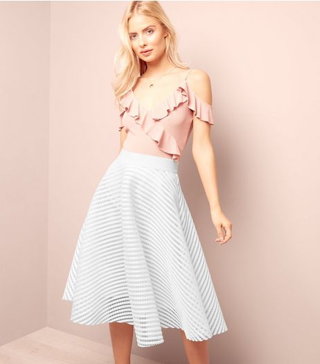 White Mesh Stripe Midi Skater Skirt | New Look