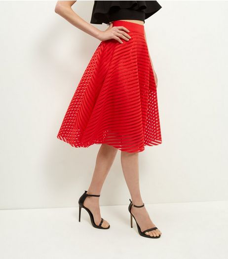 Red Mesh Stripe Midi Skater Skirt | New Look