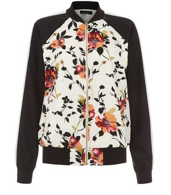 white-floral-print-contrast-sleeve-bomber-jacket