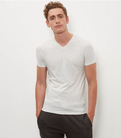 Cream Cotton Mix Stretch V Neck T-Shirt | New Look