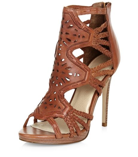 Tan Premium Leather Laser Cut Out Plaited Strap Heels | New Look