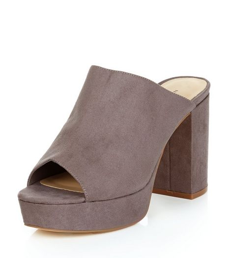 Grey Suedette Peep Toe Block Heel Mules | New Look