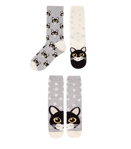 3 Pack Grey Cat Paw Print Socks | New Look