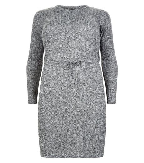 Curves Grey Ribbed Long Sleeve Dress | New Look