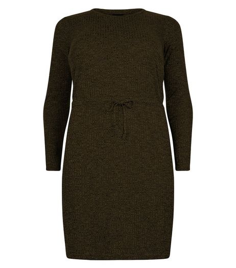 Curves Khaki Ribbed Long Sleeve Dress | New Look